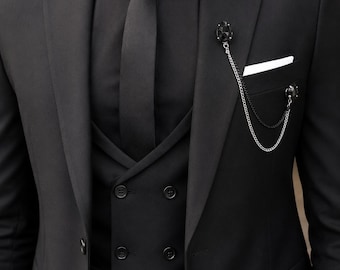 Men’s Black 3 Piece Suit, Luxury Black Wedding Tuxedo for Men, Slim Fit Groom Suit, Double Breasted Vest Suit, Prom Dinner Jacket