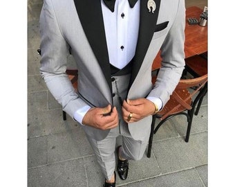 Men's Wedding Groom Wear 3 Piece Gray Tuxedo Suits Christmas Dinner Suit