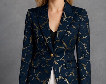 Womens Velvet Blazer Blue Velvet Floral Paisley Jackets Slim Fit Tuxedos Evening Party Wear Jackets