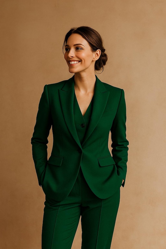 Emerald Green Women's 3-Piece Suit Set | Tailored Slim Fit Business Attire for Office, Work, and Formal Events Emerald Green Women's 3-Piece Suit Set | Tailored Slim Fit Business Attire for Office, Work, and Formal Events