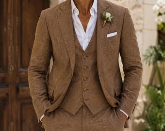 Traje de 3 piezas de lino marrón para hombre / Traje de boda de verano para hombre / Blazer ajustado, chaleco y pantalones / Traje formal para novio