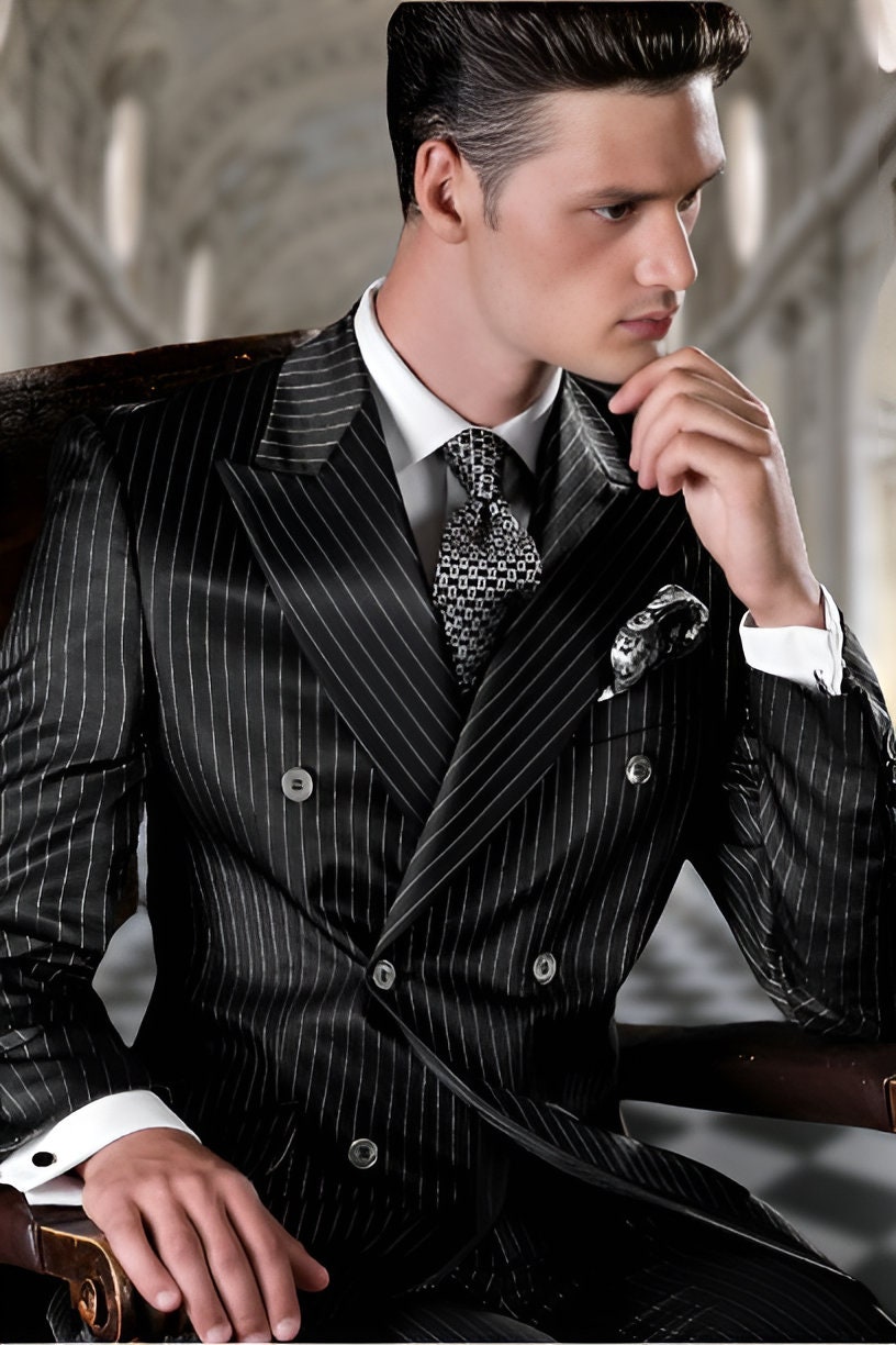 Mens Pinstripe Double Breasted Suit, Black Groom Dinner Suit