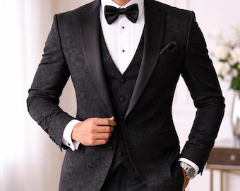 Black Jacquard Tuxedo Suit for Men | 3 Piece Party Wear Tuxedo | Wedding Groom Dinner Suit | Slim Fit Formal Tuxedo
