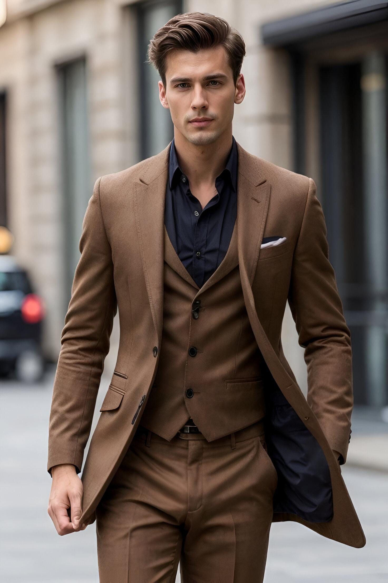 男性用クラシックブラウンスリーピーススーツ - 結婚式、婚約、記念日