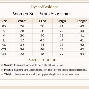May include: A size chart for women's suit pants, with measurements in inches. The chart includes waist, hips, thigh, and length measurements for sizes XS to 3XL. The text "EyesofFashions" is at the top.