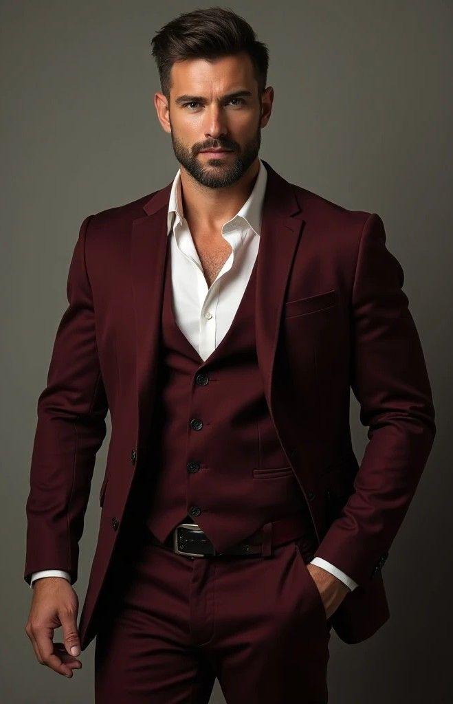 Casual Burgundy Solid Color Flax Slim Fit Men's Suits Single Breasted 2 Pieces Wedding Suit main image 0