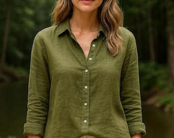 Women's Olive Green Linen Button-Down Shirt, Relaxed Fit Summer Blouse