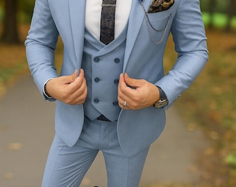ブルーのスリーピースタキシードスーツ：男性の結婚式の新郎の服装