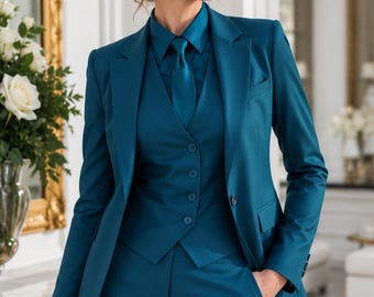 Women's Teal Blue Official Suits Three- Piece Set Business & Wedding Wear Outfits