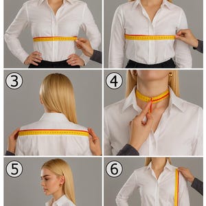 May include: A series of six images demonstrating how to measure a person for clothing. A white button-down shirt is worn in each image. A yellow measuring tape is used to measure the chest, shoulders, and neck. The person is standing in front of a gray background.