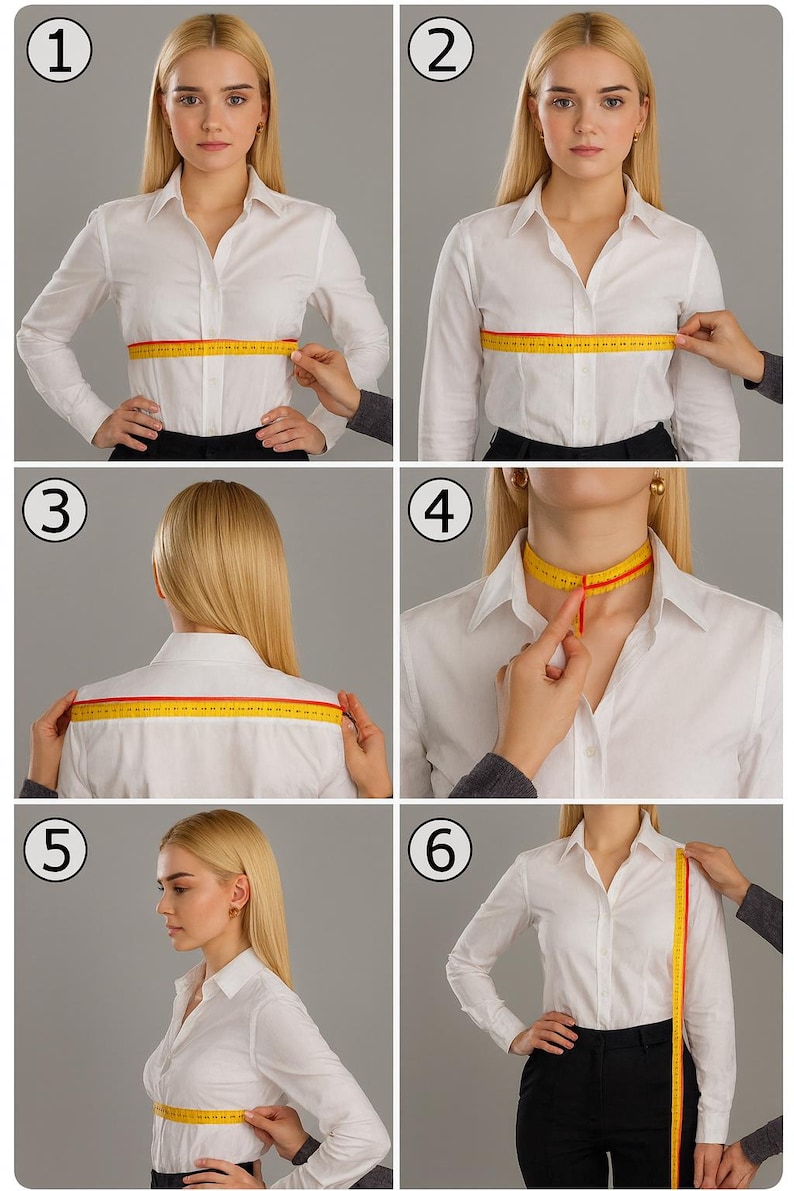 May include: A series of six images demonstrating how to measure a person for clothing. A white button-down shirt is worn in each image. A yellow measuring tape is used to measure the chest, shoulders, and neck. The person is standing in front of a gray background.