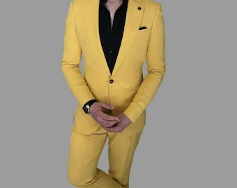 Men Wedding Suits Groom Wear Dinner 2 Piece Yellow Suit for Mens