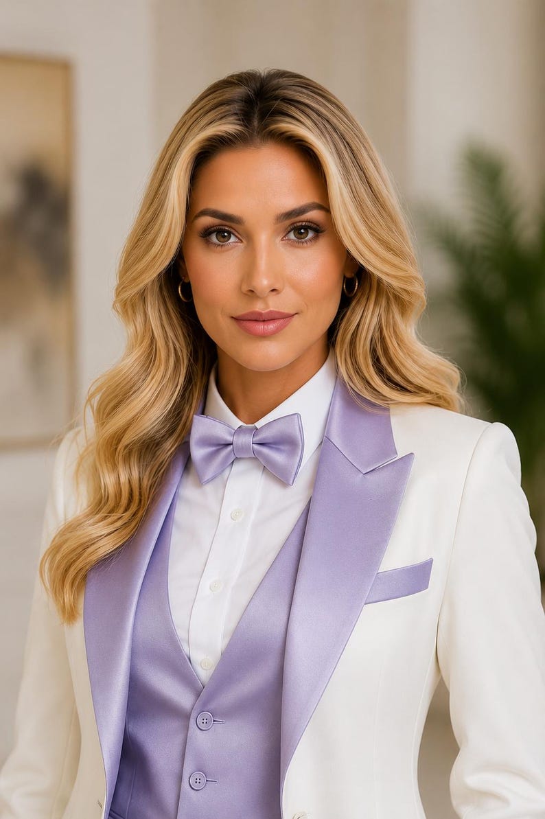 May include: A white suit with a lavender satin lapel, vest, and bow tie. The suit features a white collared shirt underneath. The woman in the image has blonde hair and is wearing small gold hoop earrings.
