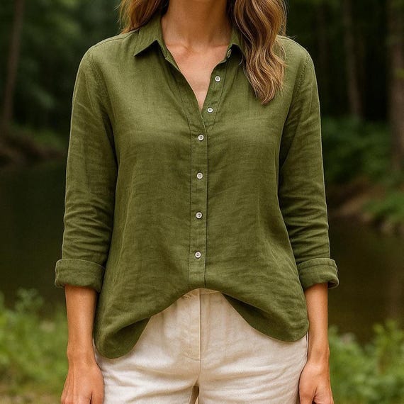 Women's Olive Green Linen Button-down Shirt, Relaxed Fit Summer Blouse