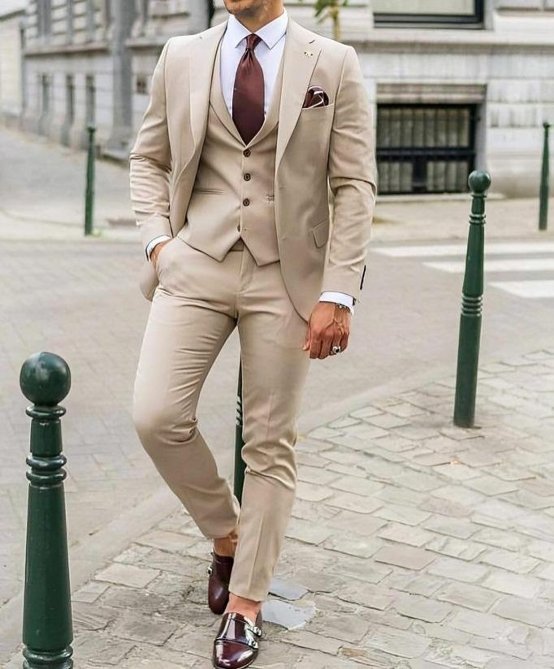 Men's 3-Piece Suit Beige Slim Fit Wedding Suit Prom Wear Dinner Suit &  Business Attire