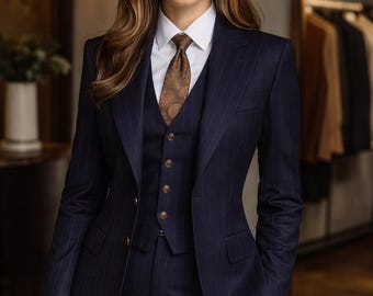 Terno feminino azul risca de giz, conjunto de 3 peças para o escritório, elegante e moderno.
