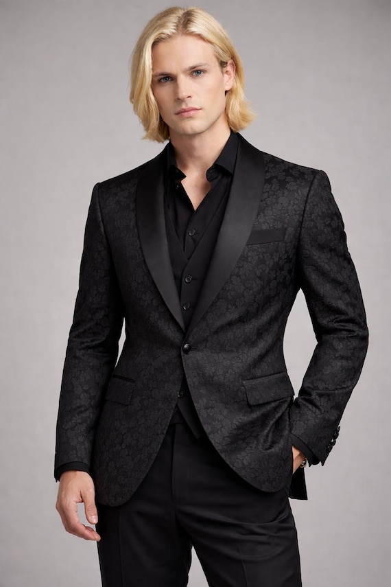 Man Suits Black Jacquard 3 Piece Suit Wedding Tuxedo Groom Suit Men Party Wear Outfits
