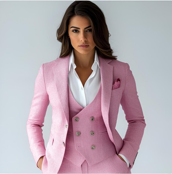 Pink Linen 3-Piece Suit for Women Straight Jacket, Vest & Pants, Custom Tailored Slim Fit Business Suit Womens