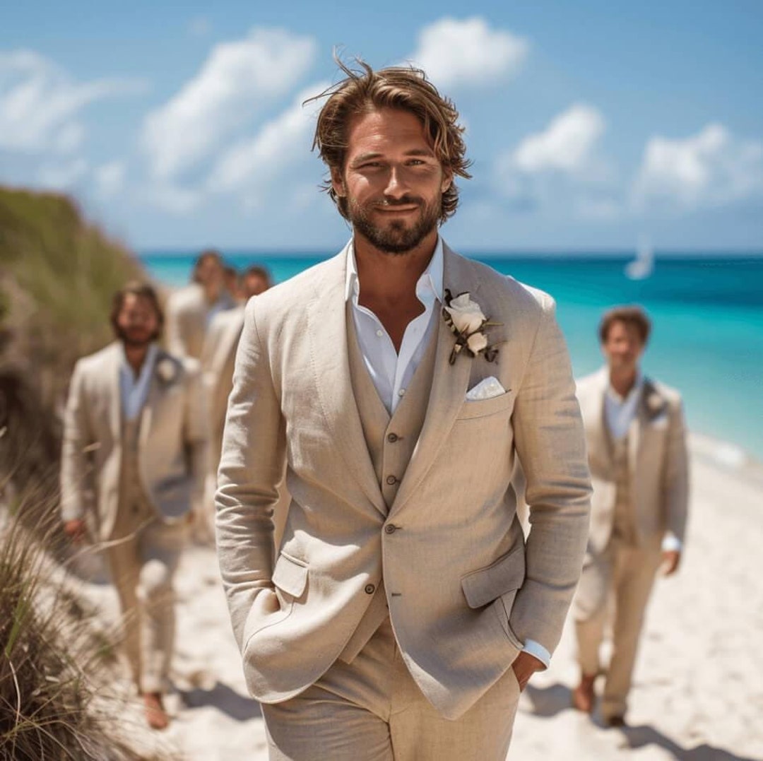 3 Piece Linen Suit - Navy Mens Suit - Vested summer Suit main image 0