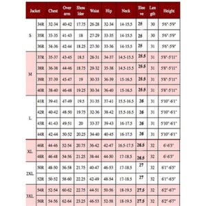 May include: Size chart for a jacket with measurements in inches for chest, over arm, shoulder, waist, hip, neck, sleeve, length, and height. The sizes range from S to 3XL.