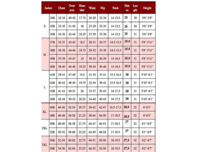 May include: Size chart for a jacket with measurements in inches for chest, over arm, shoulder, waist, hip, neck, sleeve, length, and height. The sizes range from S to 3XL.