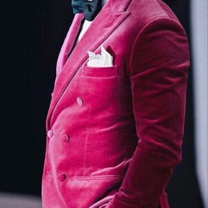 Mens Blazer Pink Velvet Jacket Formal Evening Party Wear Dinner Jacket All Sizes Double Breasted Coat image 2