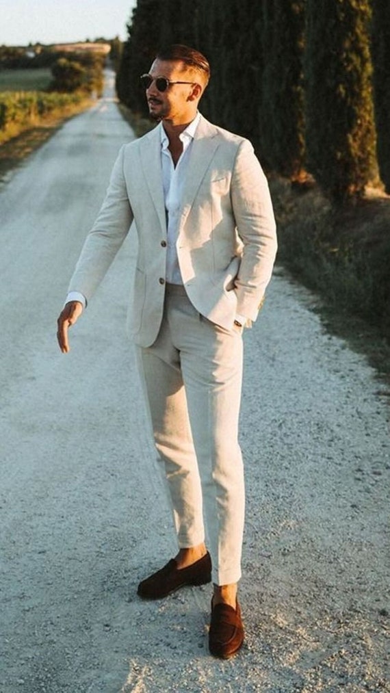 Men Linen Suit 2- Piece Slim Fit Beach Wedding Suit Groomsmen Tuxedo Summer Outfit