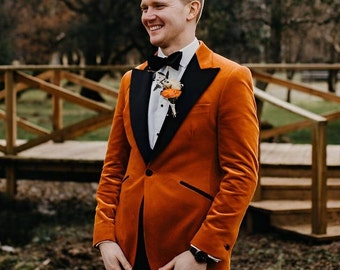 Men's Orange Velvet Jacket Black Pant Suits for Men Wedding Outfits