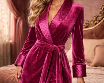 Women's Deep Pink Velvet Robe | Quilted Collar Lounge Wear, Womens Velvet Jacket Sheer dress minimalist outfit Office Wear Blazer Top