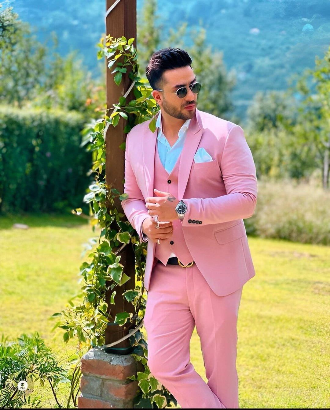Men Pink 3 Piece Suit Mens Pantsuit Set Pink Luxury Blazer Vest