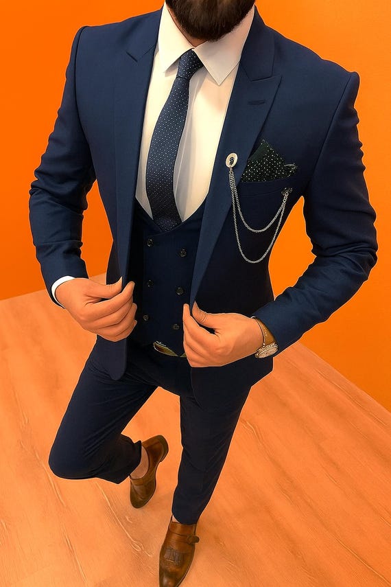 Abo Da Uomo In 3 Pezzi Blu Navy Smoking Da Sposa Con Risvolto A Punta - Foto 13