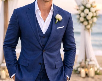 Mens Wedding & Prom Suit Slim Fit 3-Piece Suit, Tuxedo Party Wear Blue Suits for Men