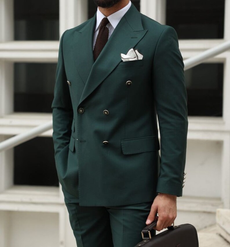 2 Pieces Slim Fit Wedding Suit Dark Green Double Breasted Solid Color Men's Suits