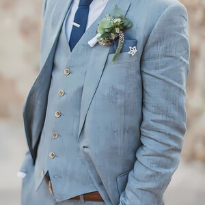 Men Linen Suits Blue Wedding Tuxedo 3-Piece Suit Beach Wedding Suit Summer Outfits image 3