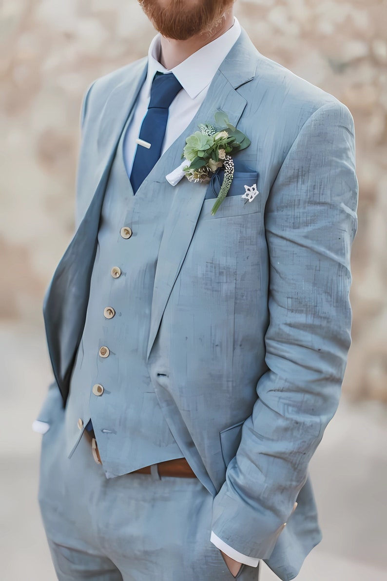 Men Linen Suits Blue Wedding Tuxedo 3-Piece Suit Beach Wedding Suit Summer Outfits image 3