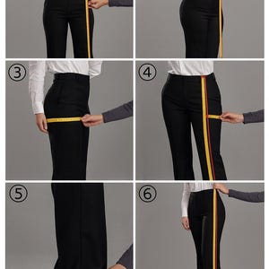 May include: A series of six images demonstrating how to measure black dress pants. A yellow measuring tape is used to measure the waist, hips, inseam, and length. The pants are worn with a white button-down shirt and black heels.
