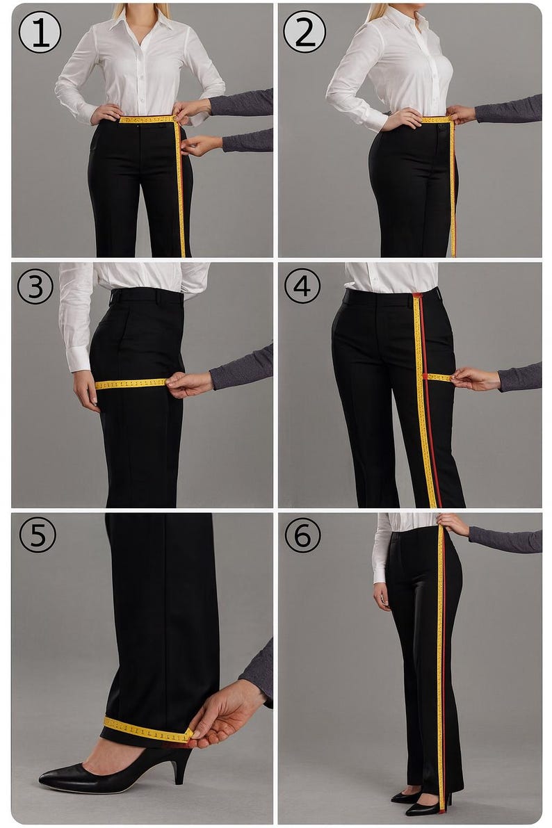 May include: A series of six images demonstrating how to measure black dress pants. A yellow measuring tape is used to measure the waist, hips, inseam, and length. The pants are worn with a white button-down shirt and black heels.
