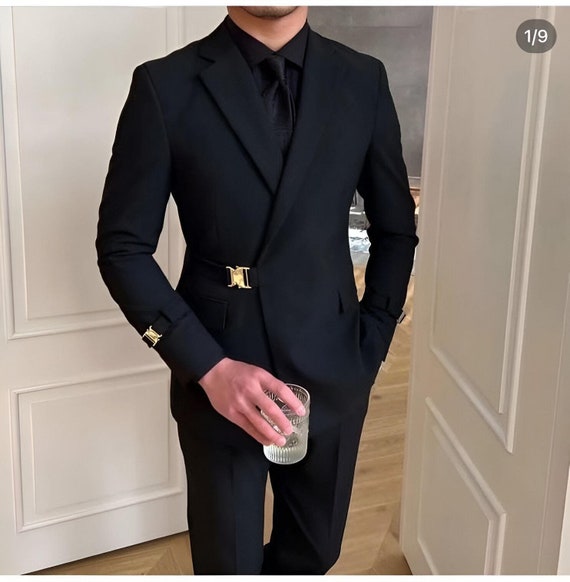 Men Black Suit Tuxedo Wedding 2 Piece Slim Fit Blazer Pants Elegant Stylish Black Suit Mens