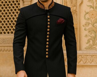 Costume jodhpuri noir pour homme, tenue de mariage indienne coupe ajustée