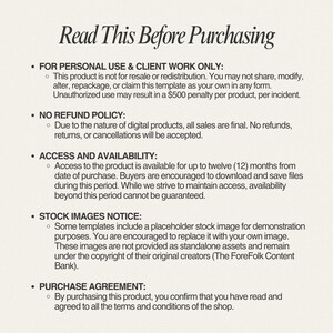 May include: Text on a cream-colored background reads "Read This Before Purchasing" followed by bullet points detailing terms of use, refund policy, access, stock images, and purchase agreement. The text is in a serif font.