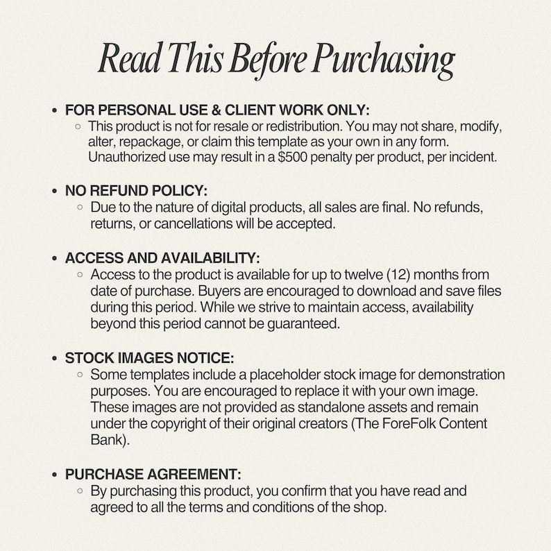 May include: Text on a cream-colored background reads "Read This Before Purchasing" followed by bullet points detailing terms of use, refund policy, access, stock images, and purchase agreement. The text is in a serif font.