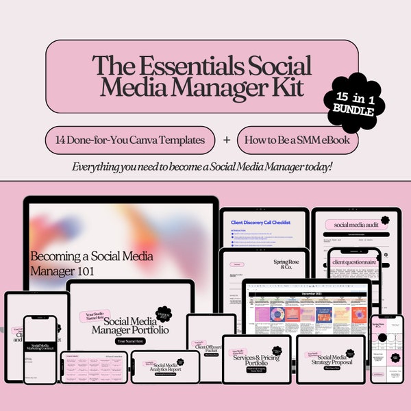 15in1 Social Media Manager Essentials Kit w/ Social Media Management Guide Pink Social Media Manager Templates Pink Social Media Starter Kit