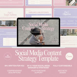 May include: A laptop screen shows a "Social Media Content Strategy" template in pink and lavender. The template includes sections for target audience, objectives, and content schedules. Additional text includes "39 pages," "written-for-you," and "fully customisable."