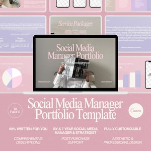 Pode incluir: Um ecrã de laptop mostra um modelo de "Social Media Manager Portfolio". A imagem apresenta uma pessoa segurando uma revista, com texto como "18 páginas", "Canva" e "Versão 2024". O design é estético e profissional.