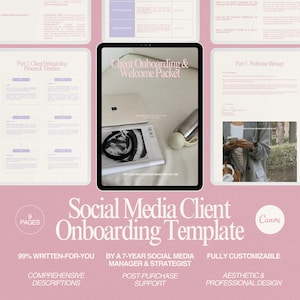 May include: A digital document template titled Client Onboarding & Welcome Packet displayed on a tablet screen, featuring nine pages of business layouts, text blocks, and placeholders for images, all set against a soft pink background.