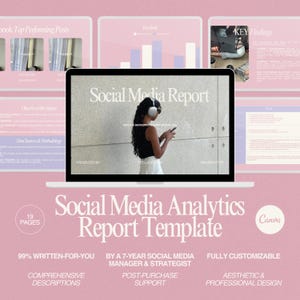 May include: A digital social media analytics report template featuring 19 pages with a pink color scheme. The design includes sections for key findings, data sources, and methodology, with text overlays like Social Media Report and Canva.