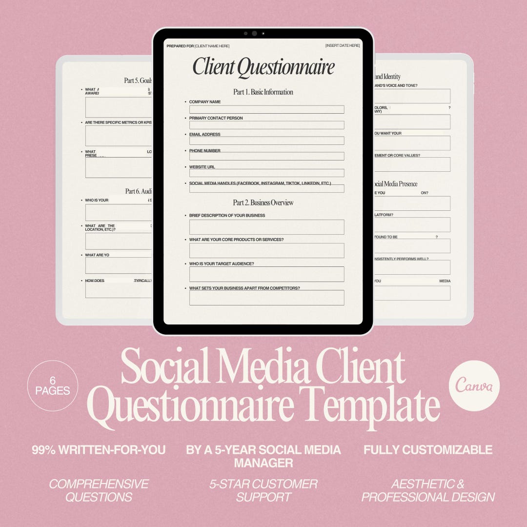 Client Questionnaire Template Onboarding Questions for Freelance Social ...
