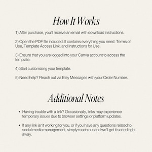 May include: A cream-colored digital document with the title "How It Works" and numbered instructions for accessing a template after purchase. Additional notes address potential link issues and support contact.
