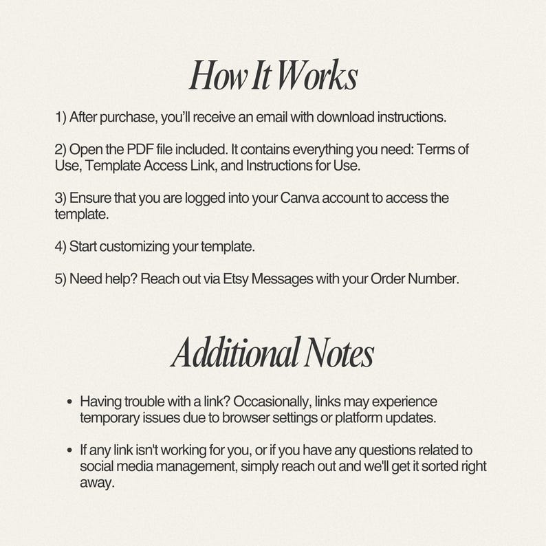 May include: A cream-colored digital document with the title "How It Works" and numbered instructions for accessing a template after purchase. Additional notes address potential link issues and support contact.