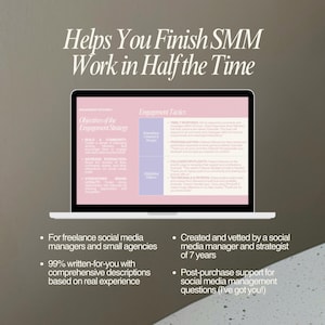 May include: A laptop displays a pink and white presentation on social media engagement strategies. Text on the screen includes "Engagement Tactics" and "Objectives of the Engagement Strategy." Additional text states the product is for social media managers.
